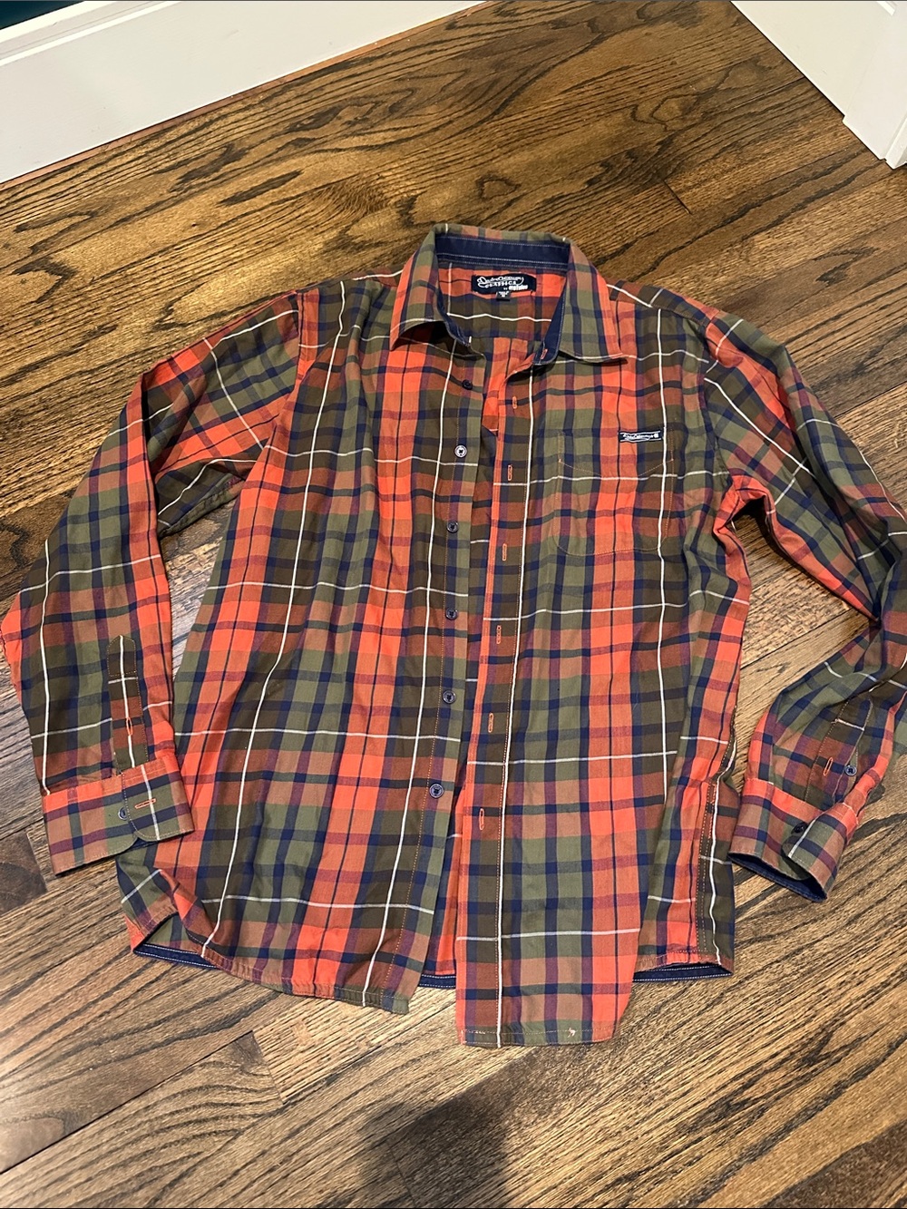 Etnies Orange and Olive Plaid Button-Down Shirt